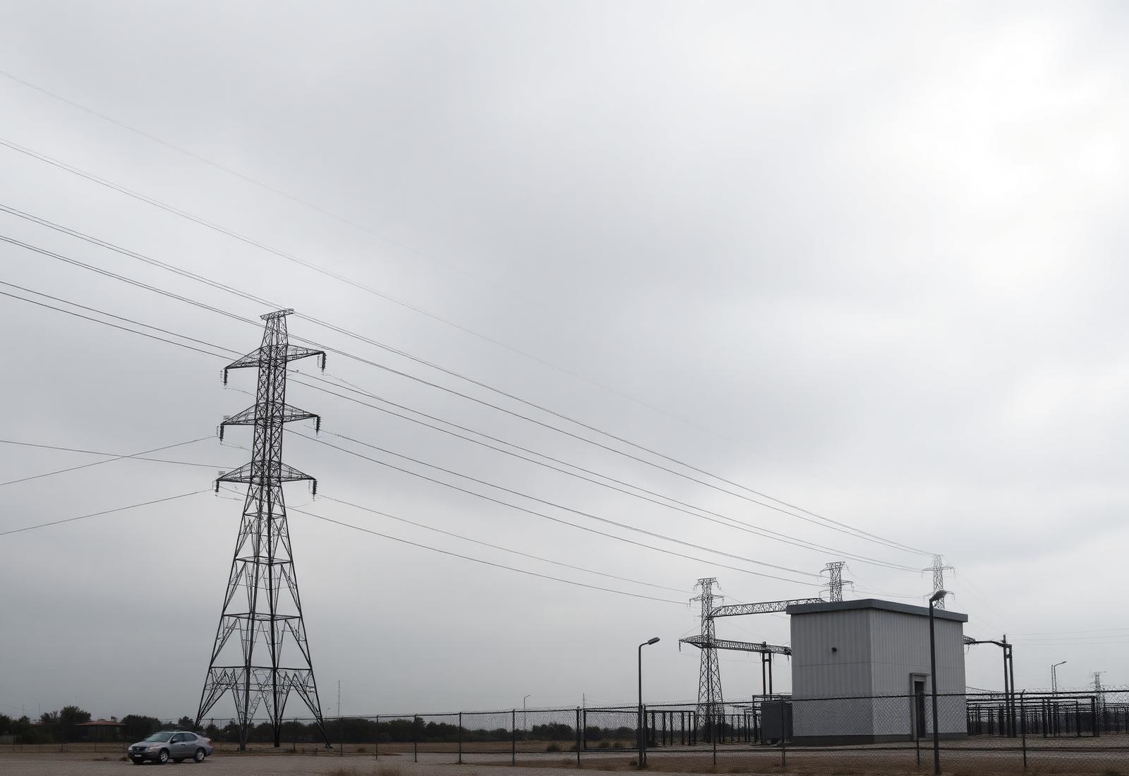 Transmission lines and a substation against an overcast Texas sky.